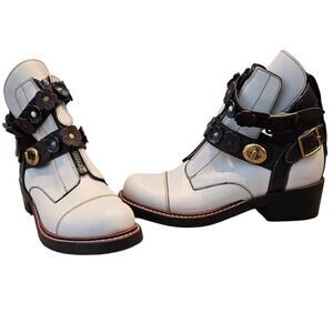 Coach White and Black Floral Strap Leather Ankle Boots